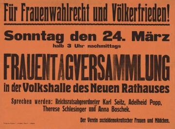 Plakat für eine Frauenwahlrechtskundgebung des <!--LINK'" 0:0--> mit Nennung von Anna Boschek als Mitwirkender, 1918