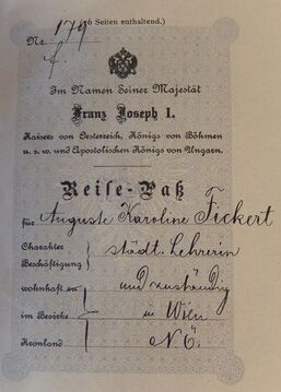 Reisepass von Auguste Fickert, ausgestellt 1909. Wienbibliothek im Rathaus, Handschriftensammlung, HIN 71184