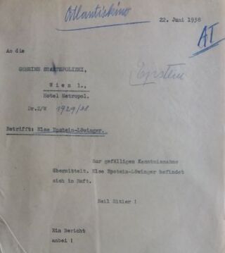 Schreiben der <!--LINK'" 0:0-->, dass sich Else Epstein-Löwinger in Haft befindet (22. Juni 1938)