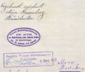 Stempel des "Frauen-Wohltätigkeitsvereins zur Unterstützung armer jüdischerBräute für Heiratsausstattung, Wien XX", Unterschrift der Präsidentin Mina Rosenberg, 1932