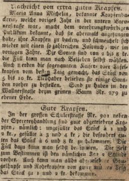 Annoncen für Krapfen aus der Wiener Zeitung, 09.01.1802