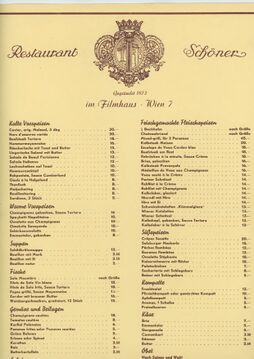 Speisekarte, Restaurant Schöner, 1920