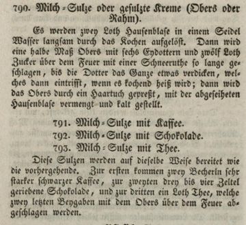 Milch- und Oberscremen. In: Ignaz Gartler / Barbara Hikmann / F. G. Zenker: Allgemein bewehrtes Wiener Kochbuch in zwanzig Abschnitten... Wien: Gerold 1831