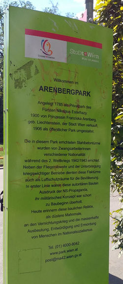 Parkbenennungstafel Arenbergpark, Zwangsarbeit im Flakturm, 1030.jpg