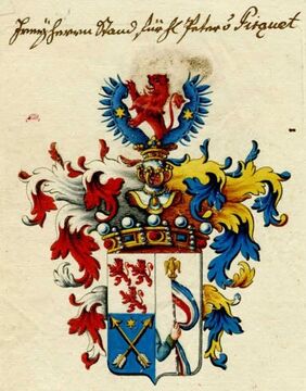 Freiherrliches Wappen, verliehen 1816 an Peter Freiherr Pirquet von Cesenatico, das die Familie Pirquet-Cesenatico bis 1919 führen durfte