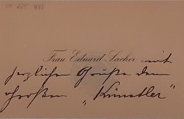 Visitenkarte von Anna Sacher als "Frau Eduard Sacher" mit einer Adresse für <!--LINK'" 0:0-->, um 1890