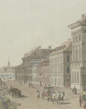 Die Gebäudegruppe der Fabrik an der Währinger Straße, ganz rechts das <!--LINK'" 0:0-->, nach <!--LINK'" 0:1-->, um 1795