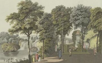 Teichpartie mit Pagode und Dianatempel im Bildhintergrund, um 1790, gestochen von <!--LINK'" 0:0--> nach <!--LINK'" 0:1-->