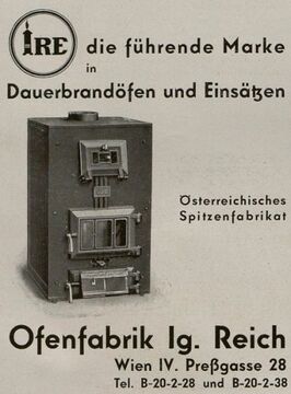 Preßgasse 28, Reklame der Ofenfabrik Ignaz Reich, 1933