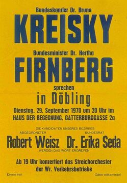Ankündigung eines Wahlkampfauftrittes mit Hertha Firnberg in Döbling, 1970