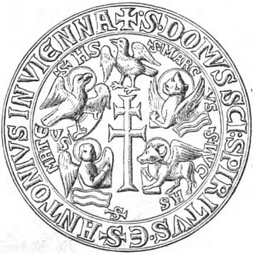 Siegel des Heiligengeistspitals mit Darstellung des Heiligen Geistes, der vier Evangelistensymbole und eines Doppelkreuzes, 13. Jahrhundert, Nachzeichnung 1875