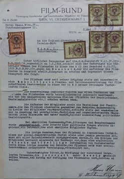 Einspruch des Präsidenten Heinz Hanus an das Vereinsbüro der Polizeidirektion Wien gegen den Bescheid über die Auflösung des Filmbundes (8. Mai 1934)