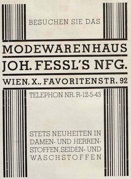 Favoritenstraße 92, Reklame des Warenhauses Johann Fessl's Nachfolger, 1932