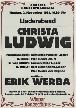 Ankündigung eines Liederabends mit Christa Ludwig im Konzerthaus, 1981