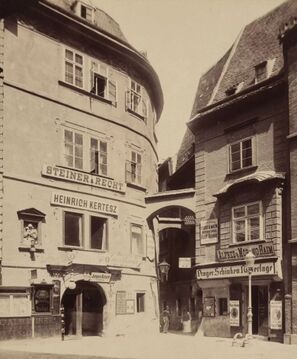Bürgerhaus "Zur Mariahilf" mit einem die Häuser Fleischmarkt 9 und 11 überspannenden Schwibbogen (um 1898)