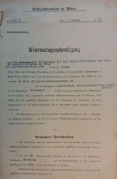 Kinematographenlizenz für das I. Meidlinger Invalidenkino (1921)