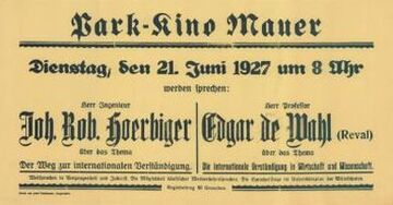 Plakat zu einem Werbevortrag im Park-Kino über die Plansprache Occidental von Johann Robert Hörbiger und Edgar de Wahl (1927)